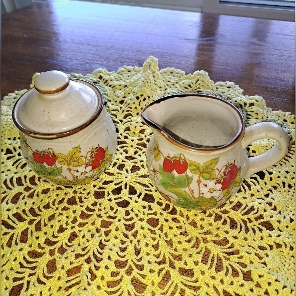 Sun Fashion Cream and Sugar Set Strawberry Patch Pattern Handpainted 2 Piece VTG